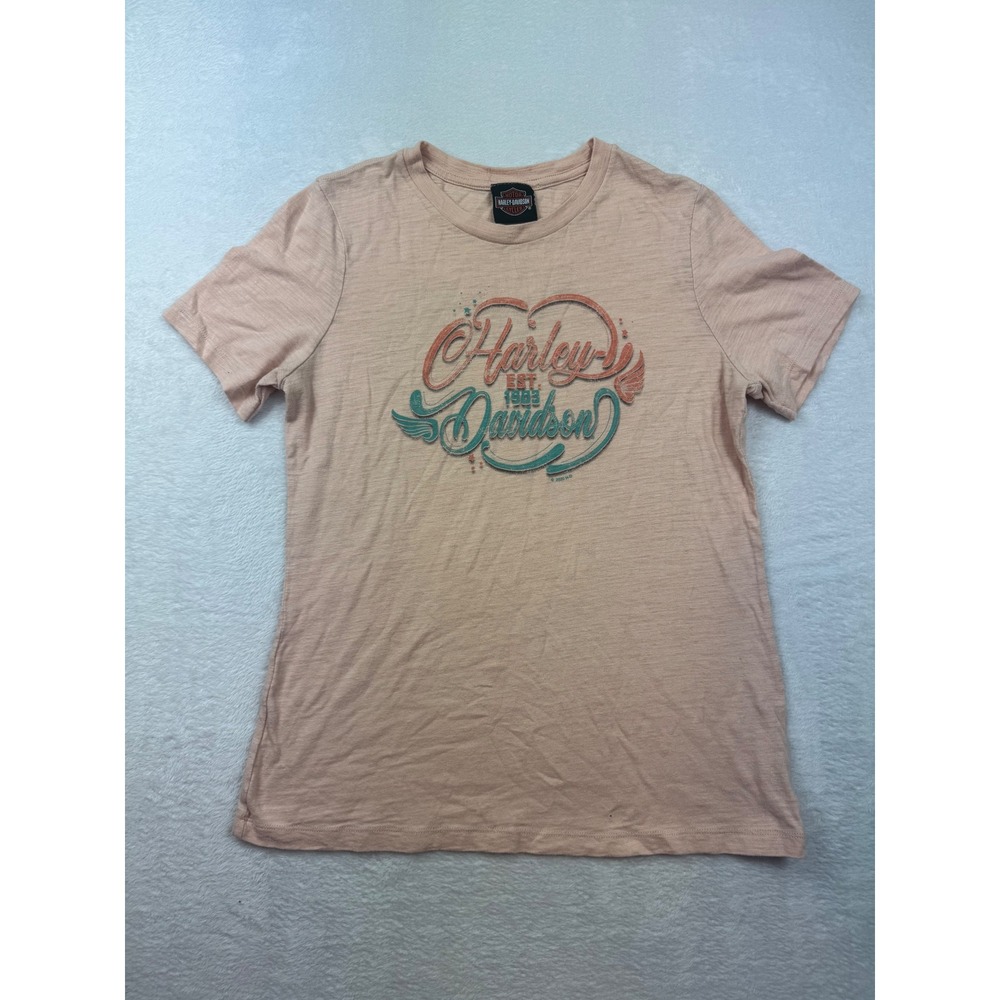 Harley-Davidson Womens Peach Graphic T-Shirt Manns Columbus IN Skull Wings Small